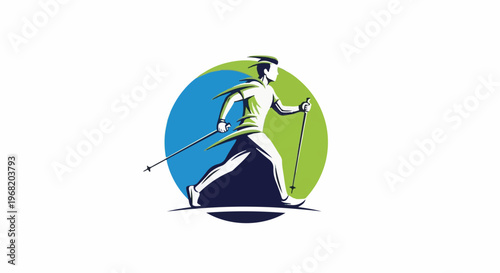 Stylized illustration of a skier in motion, against a circular backdrop of blue and green