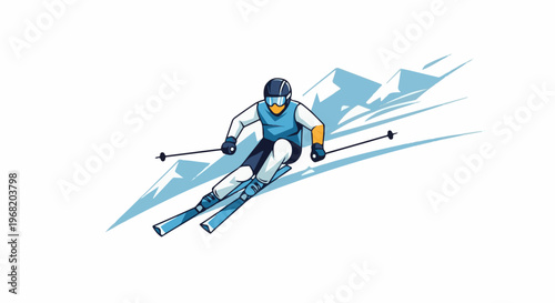Stylized illustration of a skier descending a snowy mountain slope