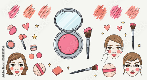 A charming set of makeup products with pink blush, various application brushes, cosmetic compacts, and female faces demonstrating cosmetic routines for engaging visual promotion in the