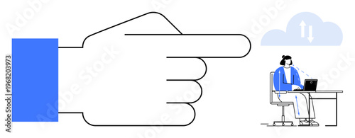 Cloud computing concept. A hand gesture directs focus toward cloud storage and a remote worker at a desk. Cloud computing enhances remote work dynamics and connections. For technology, business, IT
