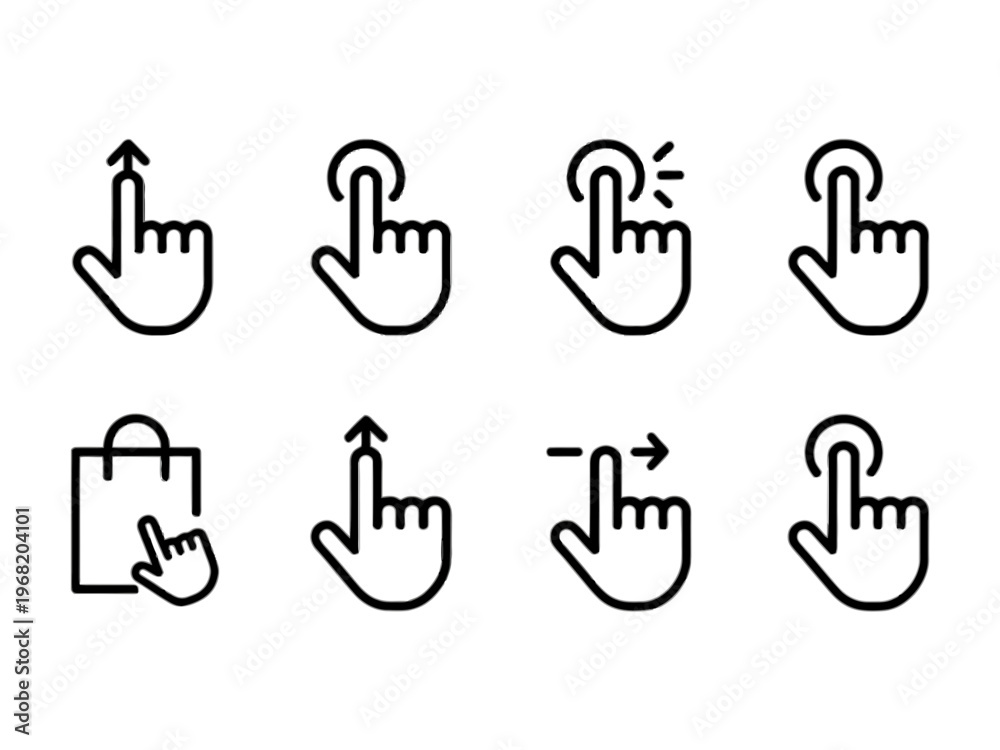 Obraz premium Set of eight minimalist line art touch gesture icons representing user interface interactions and digital navigation controls on transparent background