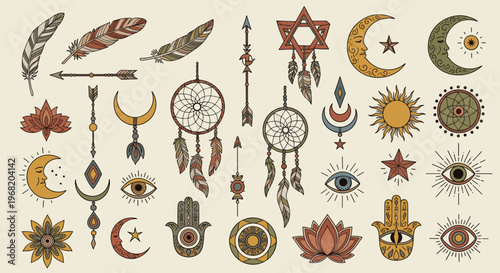 Bohemian mystic spiritual symbols featuring celestial forms, hamsa hands, lotus flowers, dream catchers, feathers, arrows, and protective eyes perfect for various graphic design projects.