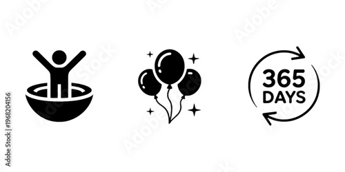 Minimalist black icon set featuring a happy person in a bowl festive balloons and a 365 days annual cycle symbol displayed on transparent background
