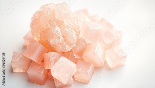 Pile of pink geometric crystal blocks and translucent mineral stone
