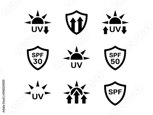 Set of sun protection icons with spf and uv symbols on transparent background