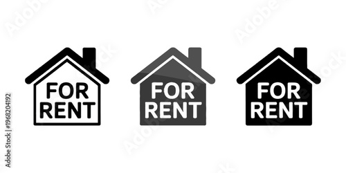 Set of three distinct house for rent icons featuring minimalist black and grey graphic styles for real estate marketing concepts on transparent background