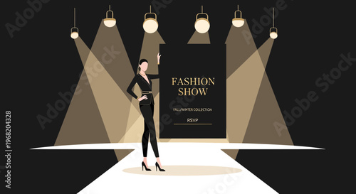 Fashion Show Model on Runway with Spotlight