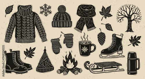 Diverse array of winter and autumn essentials such as warm apparel, natural elements, and recreational items, useful for seasonal promotions and graphic communications.