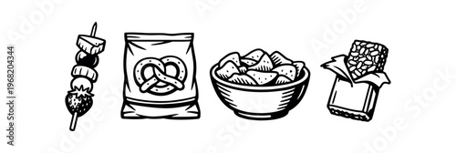 Snack foods illustration set. meat skewer kebab, bag of pretzels, bowl of potato chips, cereal/granola bar. party and picnic snacks, finger food, casual eating. line  vector illustration.