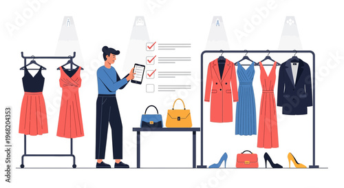 Fashion Stylist Organizing Wardrobe and Clothing Collections