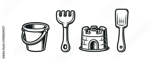 Beach sand toy icon set. bucket, rake, shovel, sandcastle mold, children's beach play, summer fun. line vector icon set.