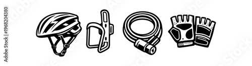 Cycling gear icon set. bicycle helmet, bottle cage, cable lock, cycling gloves, bike accessories, safety equipment, sport kit. line, flat and colored vector icon set.