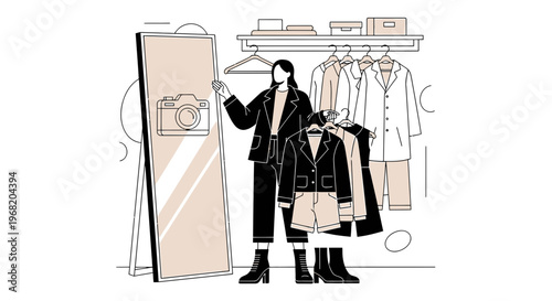 Fashionable Woman Posing in Mirror with Wardrobe and Camera