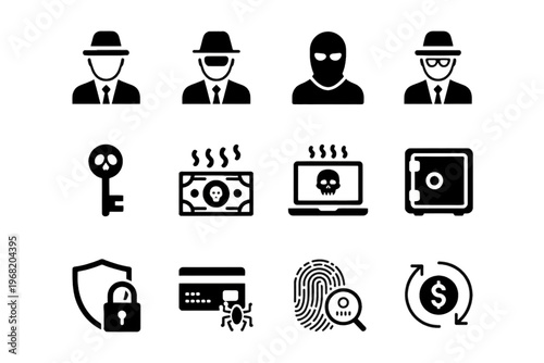Set of 12 black cyber security and digital crime icons featuring hackers malware data theft and financial protection symbols on transparent background