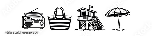 Beach items icon set. radio, striped beach bag, lifeguard tower, seaside umbrella. summer, seaside, travel, vacation, relaxation. line and flat vector illustration.