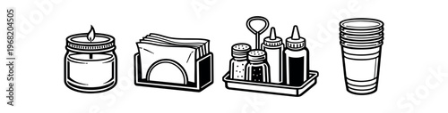 Cafe tabletop items icon set. scented candle, napkin dispenser, condiment tray with salt pepper bottles and sauces, stack of disposable cups. line vector illustration.