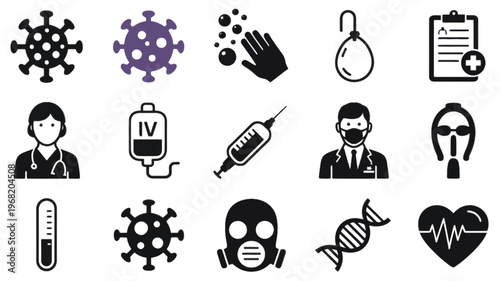 Comprehensive collection of 15 essential medical and healthcare icons featuring viruses doctors lab equipment and protective gear on transparent background