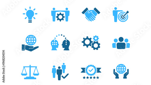 Flat icons for finance, business operations, management, and economic activities.