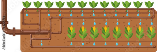 Illustration of a modern drip irrigation system watering rows of young plants and corn crops in fertile soil.