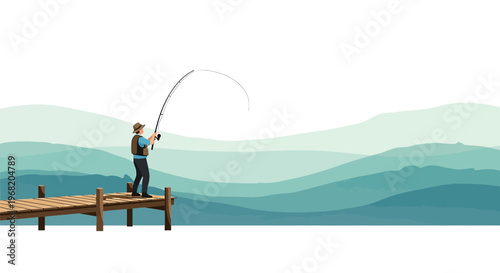 Fisherman on Wooden Pier Casting Rod with Bending Rod, Blue Green Waves Background