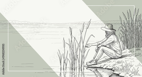 Fisherman Sitting by Lake, Drawing Reeds and Water Reflection, Peaceful Nature Scene