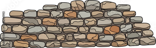 Illustration of a rustic stone wall made of irregularly shaped and colored rocks, stacked to form a textured barrier.