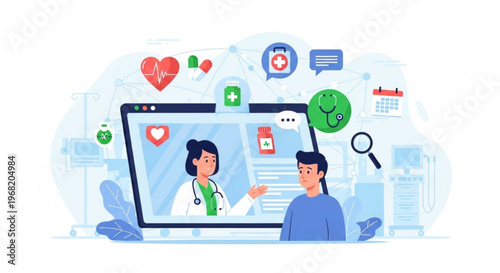Online medical consultation with doctor and patient on computer screen in modern healthcare setting
