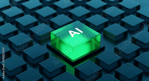 Glowing green AI button on keyboard, artificial intelligence concept