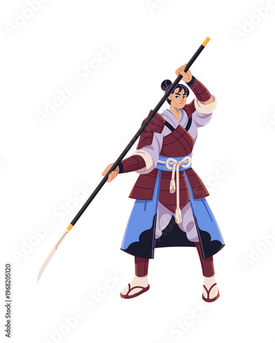 Woman samurai with naginata in hands. Japanese warrior girl with weapon. Ancient soldier of Japan holds spear. Onna bugeisha, fighter in armor. Flat isolated vector illustration on white background
