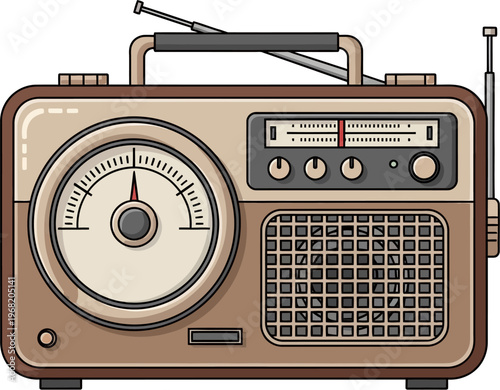 A detailed illustration of a classic vintage radio with a brown and beige casing, featuring a large tuning dial, speaker grille, and extendable antenna.