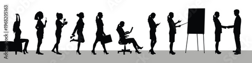 Female employee office worker morning daily routine from waking up to working black silhouette vector set collection.