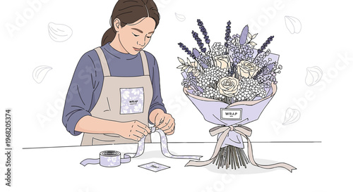 Florist Arranging Bouquet with Ribbon and Tags