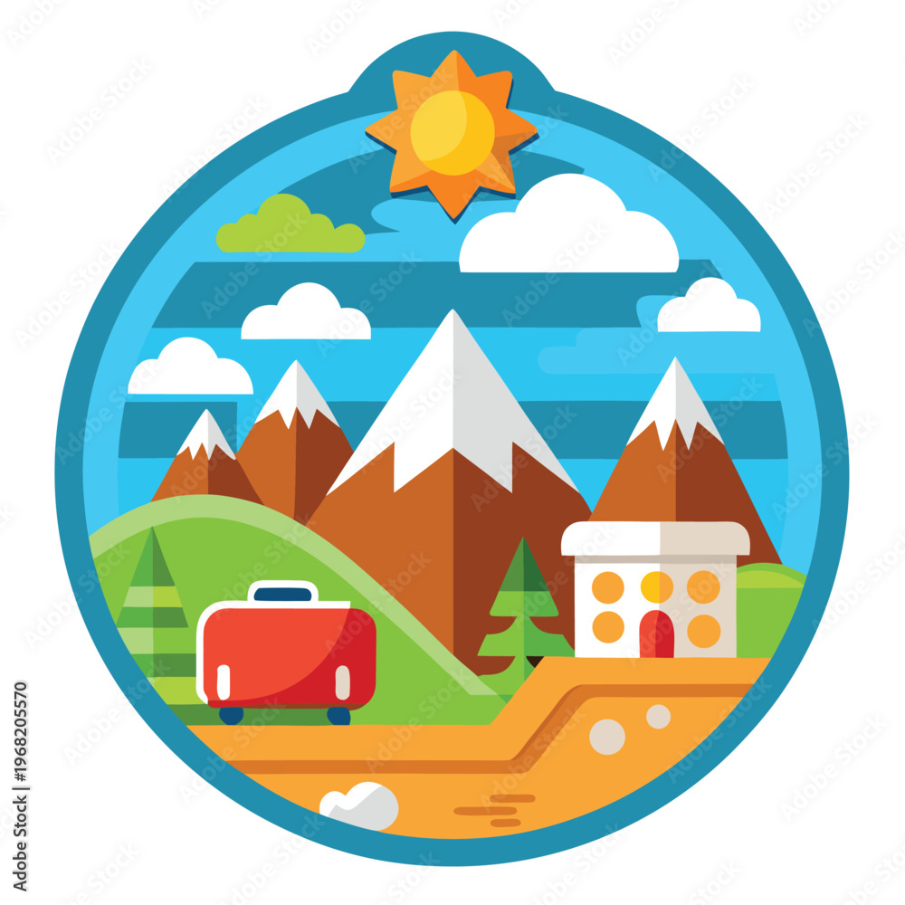 Fototapeta premium Flat Design Mountain Landscape with Suitcase and House