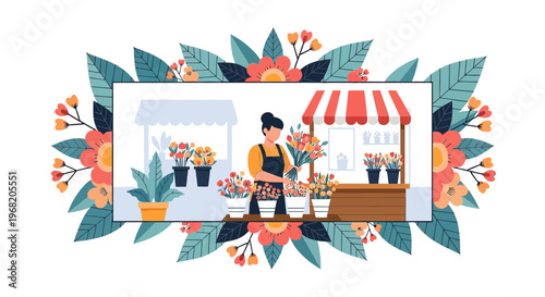 Florist Arranging Flowers at Outdoor Stall Surrounded by Botanical Elements