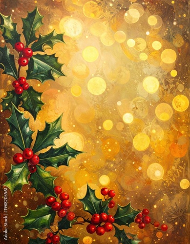 Holly leaves with red berries on a golden background filled with light bokeh effects, perfect for holiday and seasonal designs.