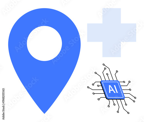 Location tracking, healthcare technology, artificial intelligence, digital innovation, modern medicine, AI integration. Blue location pin, medical cross AI microchip on white. Location tracking