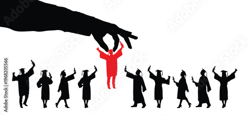 Giant hand picked up a fresh graduate man wearing graduation cap and gown in red color silhouette from group of graduate students crowd black silhouettes flat vector illustration.
