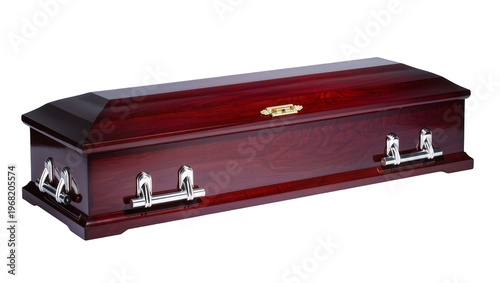 Obraz na plátně Polished dark mahogany coffin with ornate brass handles and a gleaming lid, isol
