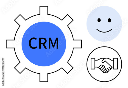 CRM concept. CRM ed by gear with handshake and happy symbols emphasizing customer relationships. CRM enhances customer satisfaction for businesses, marketing, and sales strategies