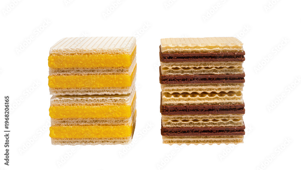 Fototapeta premium Stacked golden lemon cream wafer rolls and dark chocolate hazelnut filled wafer rolls, isolated on transparent background for dessert advertising and packaging design