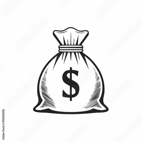 Black and white illustration of a money bag with a dollar sign, representing finance and wealth.