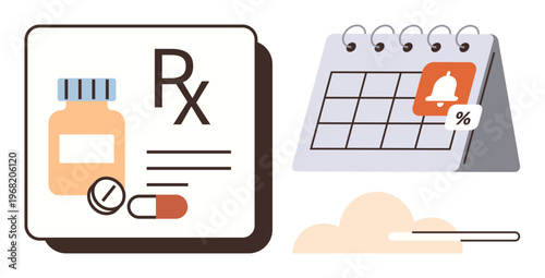 Medication management, healthcare planning, prescription alerts, pharmacy services, medical adherence, treatment schedules. Visual of a pill bottle, pills and reminder calendar icon. Medication