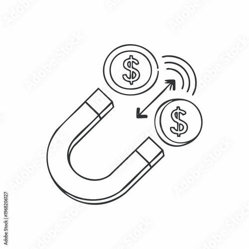 Outline drawing of a magnet attracting and repelling dollar coins, symbolizing financial magnetism and transactions.