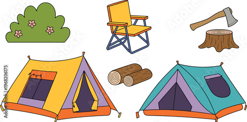 Cartoon camping gear set with tents, chair, axe and firewood