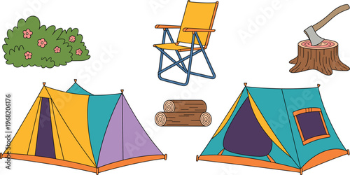 Cartoon camping set with colorful tents, chair, axe and wood logs