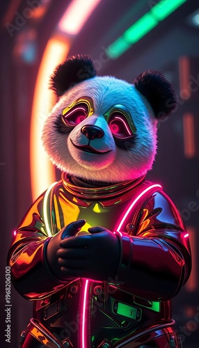 Chrome panda, a gentle futuristic spirit, holds an unwritten future, glowing softly,  spirit,  smile