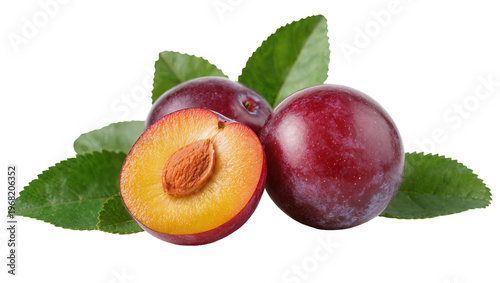 Φωτογραφία Ripe juicy purple plums with vibrant green leaves halved to reveal a brown pit,