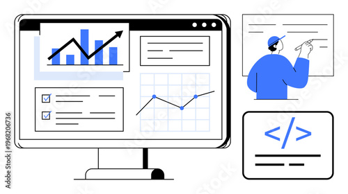 Data analytics, software development, coding, education, business strategy, technology management. Desktop showing graphs and charts, person teaching coding. Data analytics and software development