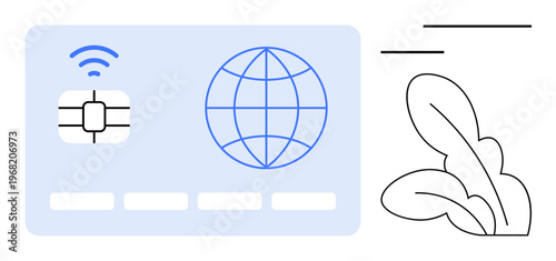 Online security, global communication, identity verification, data technology, digital payments, information exchange. A smart card with a microchip and globe icon. Online security and global