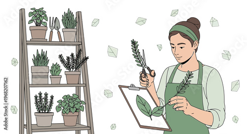 Gardener Arranging Herbs on Shelf, Botany Study